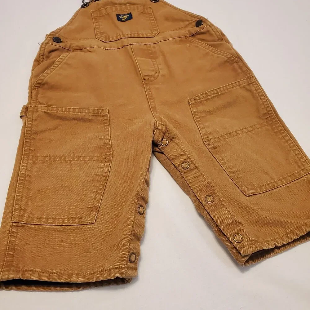Rare Vtg Oshkosh B'gosh Canvas Double Knee Fleece Lined Overalls Sz 12 Months